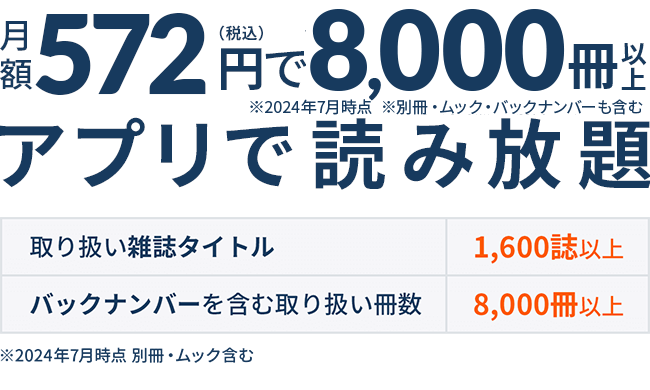 月額572円（税込）で8,000冊以上アプリで読み放題